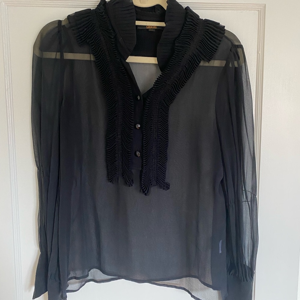Black ASOS sheer ruffle top, long slightly balloon sleeve.